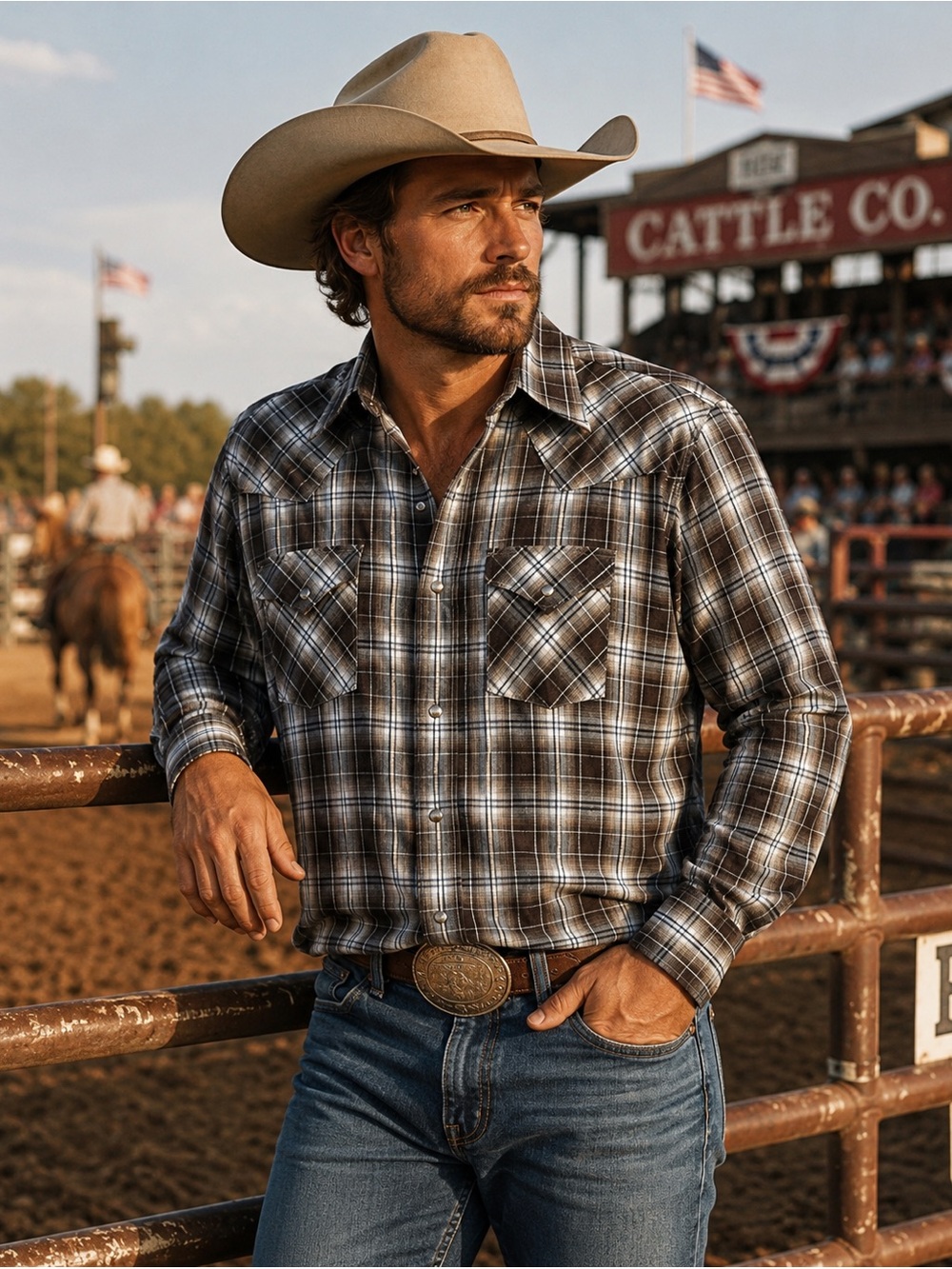 Ely Cattleman Pearl Snap Western Plaid Shirt Men’s XL Brown Gray Cowboy Rodeo